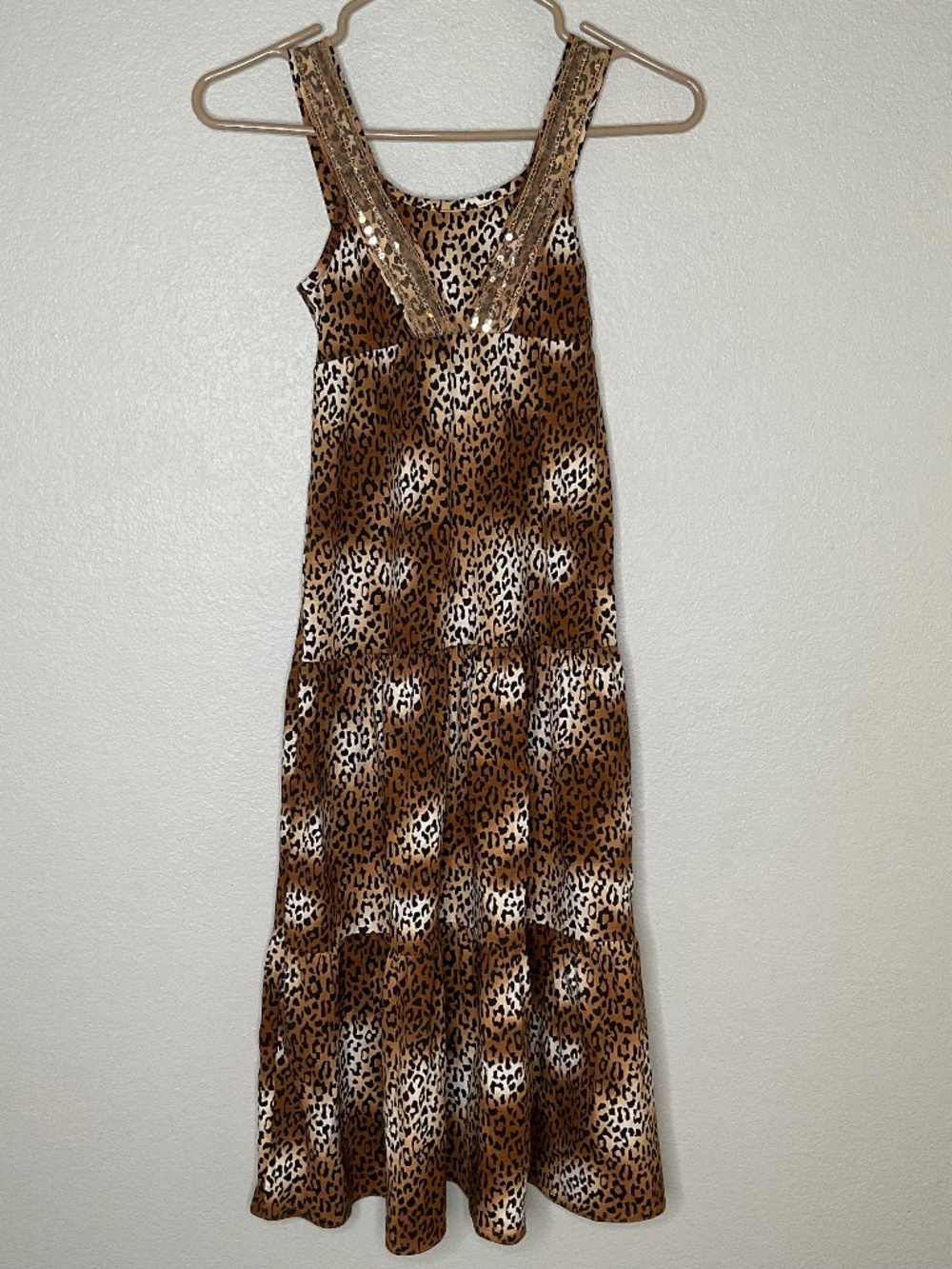 Summer  Dress Forever Me sleeveless, tiered maxi dress featuring a brown and whi